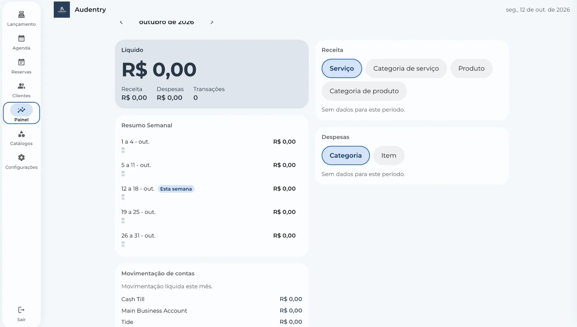The month’s dashboard with net result, income, expenses, a weekly summary and account movements.