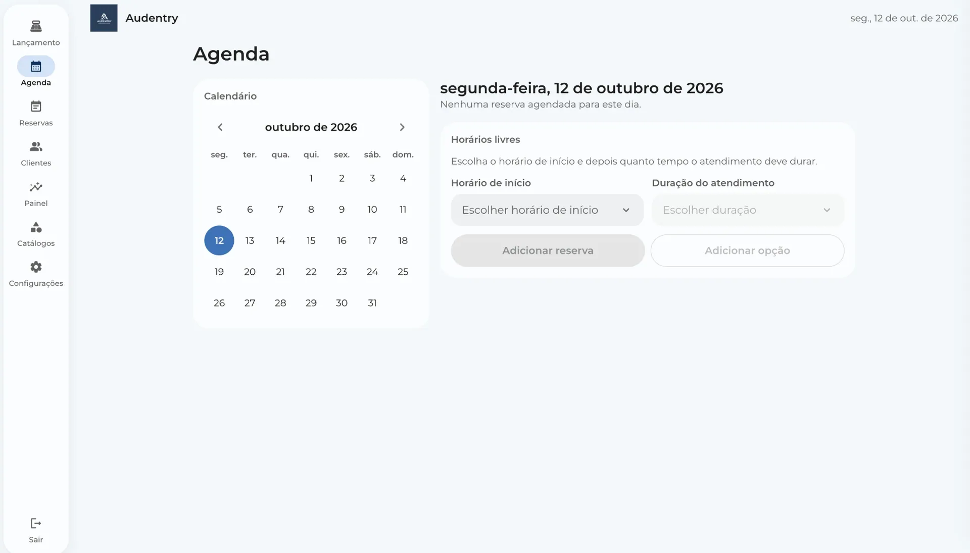 The schedule, with the month’s calendar and the free times of the chosen day.