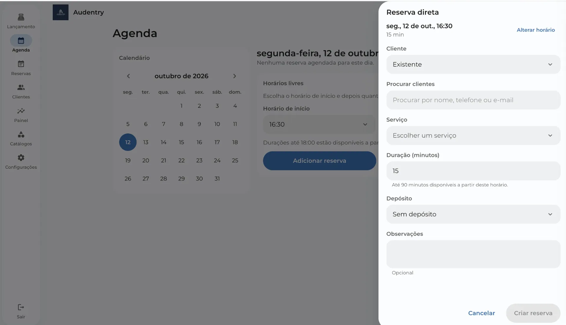 Creating a booking: client, service, duration, deposit and notes.